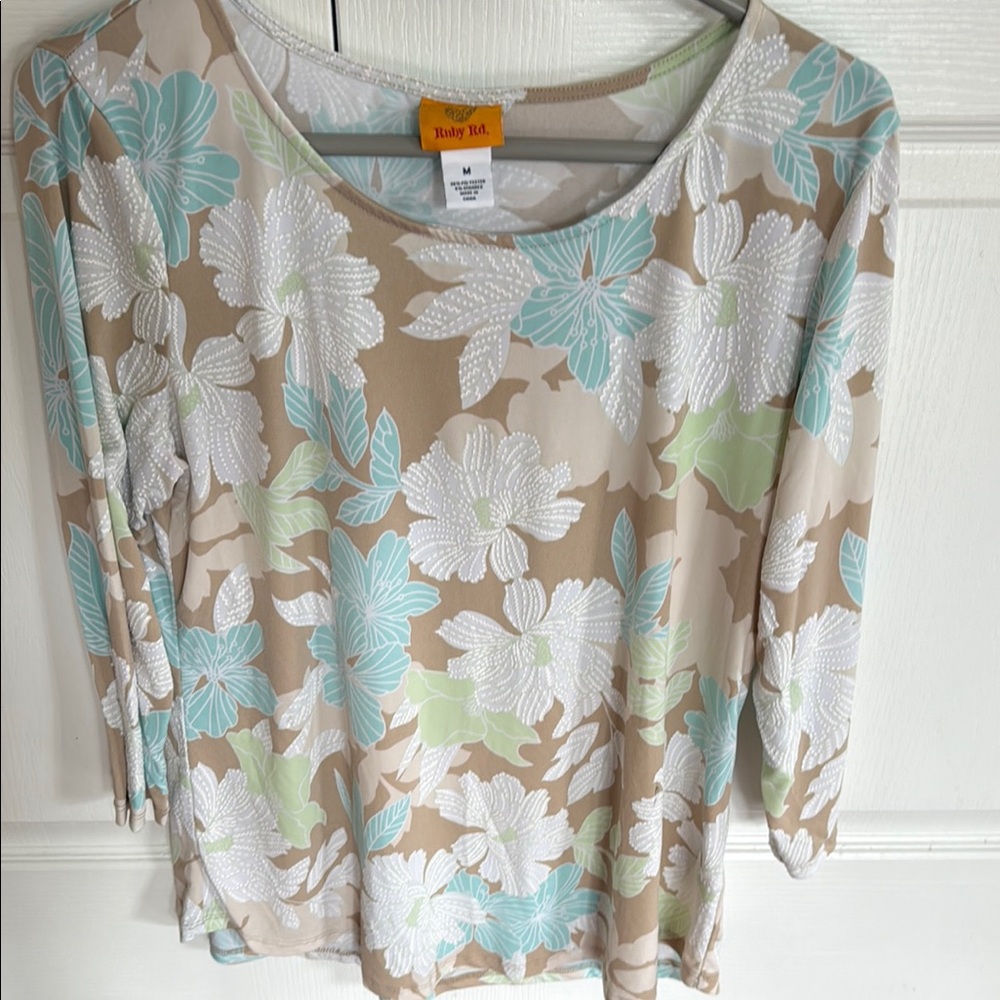 Ruby Rd. Gray and Cream 3/4 Sleeve Relaxed Blouse